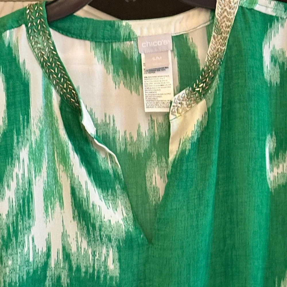 Chico's S/M green white Ikat embellished poncho style tunic Small Medium - Picture 7 of 7